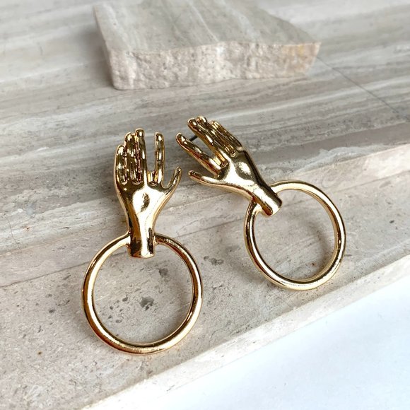 NEW~ Anthropologie Hand & Hoop Gold Earrings - Picture 2 of 6